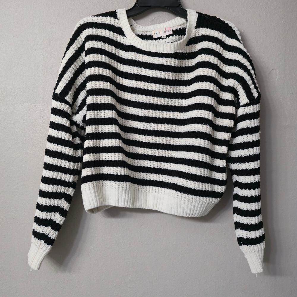 Hazel Moon Black White Striped Cropped Chunky Knit Sweater XL Long Sleeve Crew